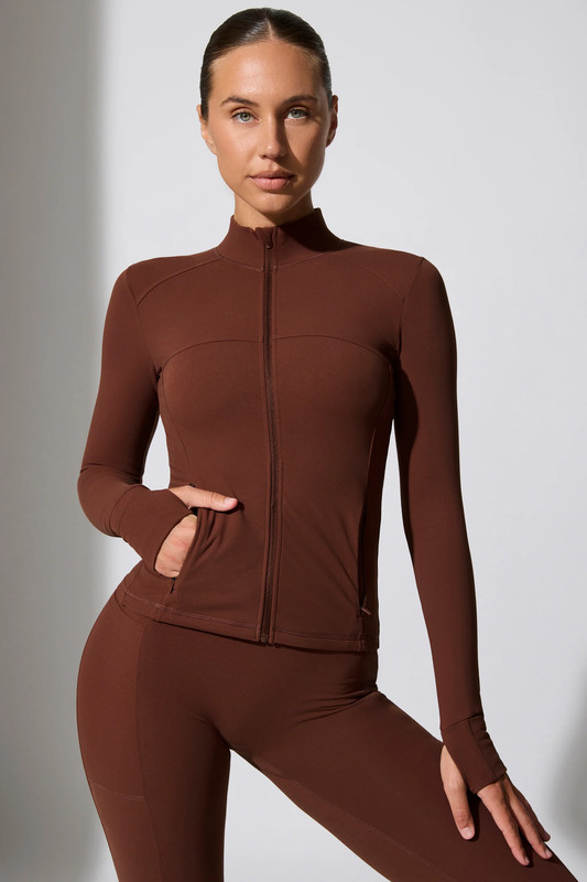 Long Sleeve Zip Up Jacket in Chocolate - UK Size:L